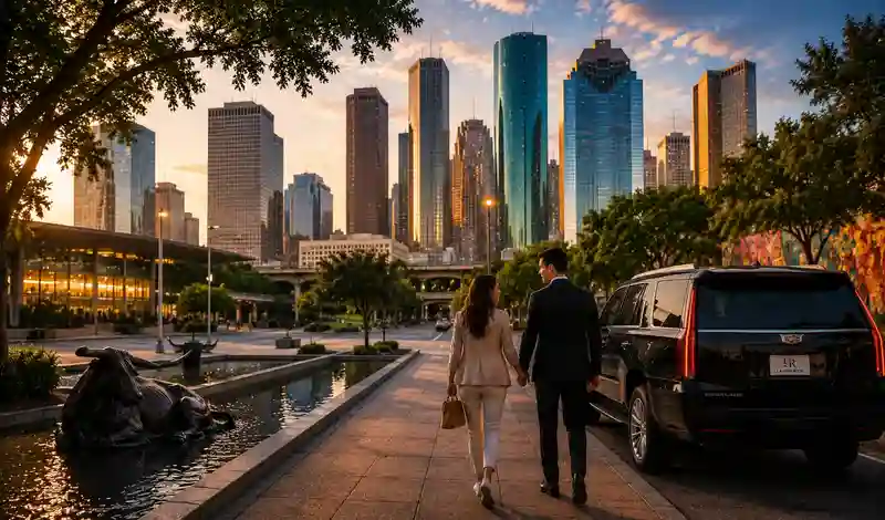 Visitors exploring Downtown Houston with luxury transportation, skyline views, public art, and walkable attractions.